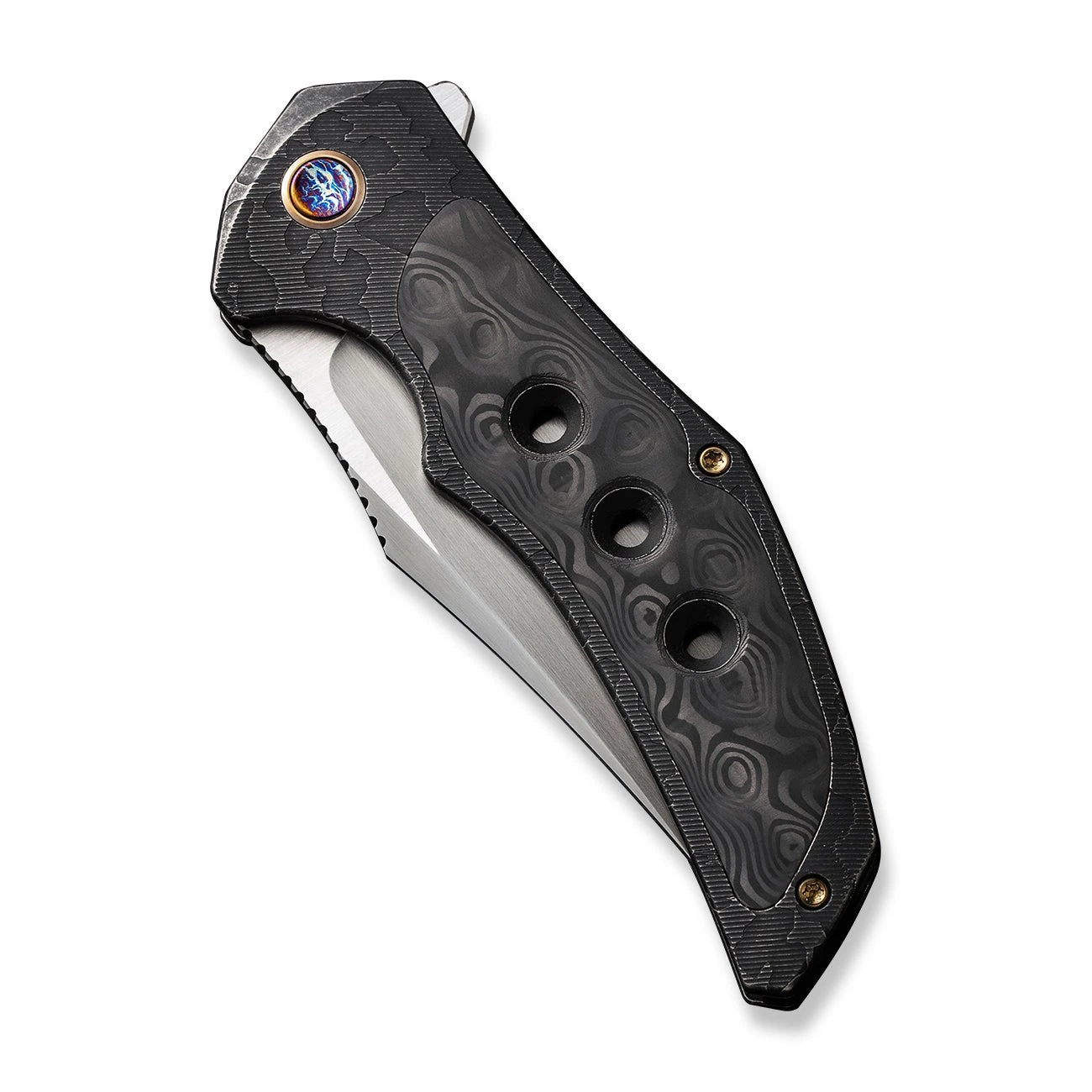 WEKNIFE Magnetron Flipper Knife Black Stonewashed With Etching Pattern Titanium Handle With Rose Carbon Fiber Inlay (3.76" Hand Rubbed Satin CPM 20CV Blade) WE18058-6 8 WEKNIFE Magnetron Flipper Knife Black Stonewashed With Etching Pattern Titanium Handle With Rose Carbon Fiber Inlay (3.76" Hand Rubbed Satin CPM 20CV Blade) WE18058-6 - Image 6