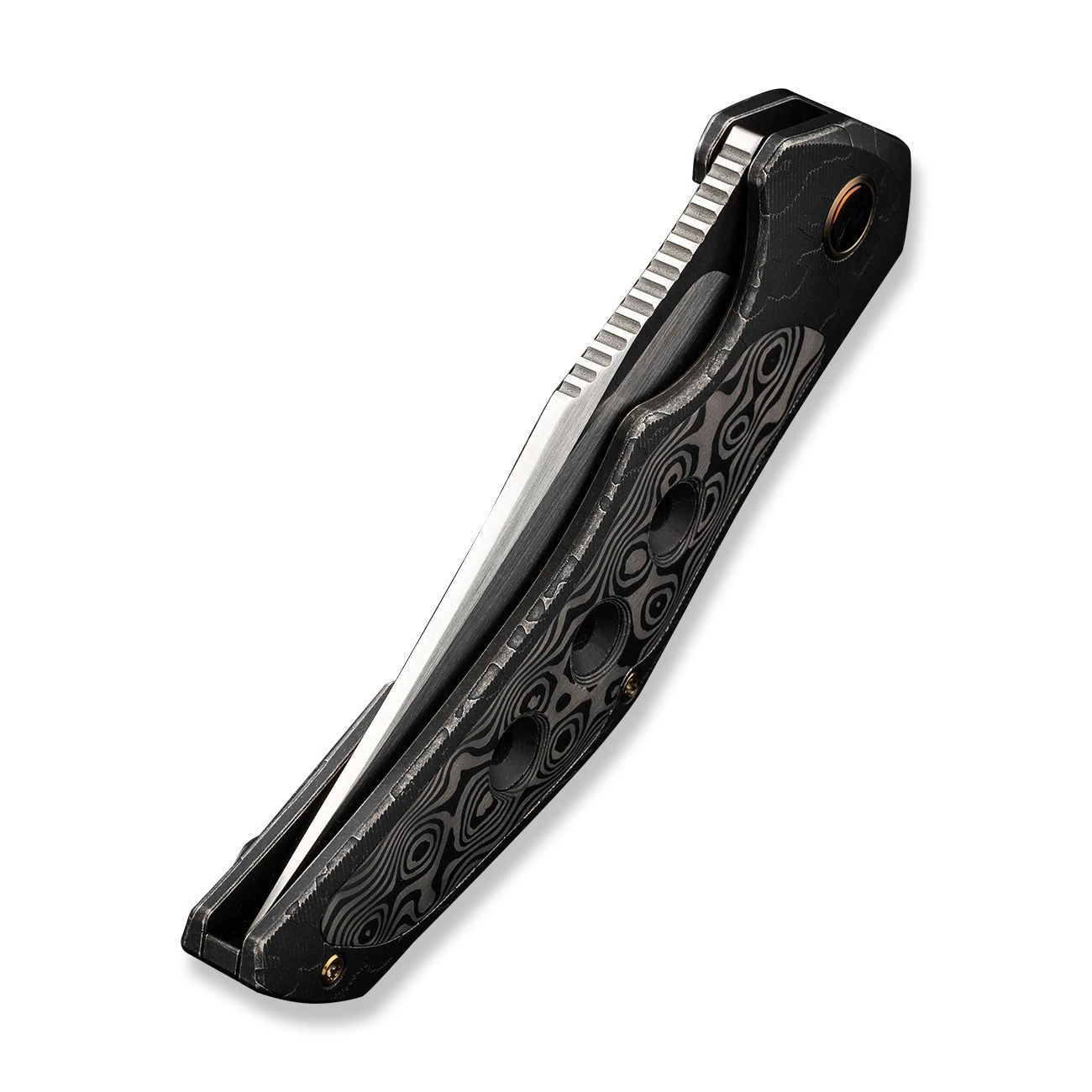 WEKNIFE Magnetron Flipper Knife Black Stonewashed With Etching Pattern Titanium Handle With Rose Carbon Fiber Inlay (3.76" Hand Rubbed Satin CPM 20CV Blade) WE18058-6 10 WEKNIFE Magnetron Flipper Knife Black Stonewashed With Etching Pattern Titanium Handle With Rose Carbon Fiber Inlay (3.76" Hand Rubbed Satin CPM 20CV Blade) WE18058-6 - Image 8