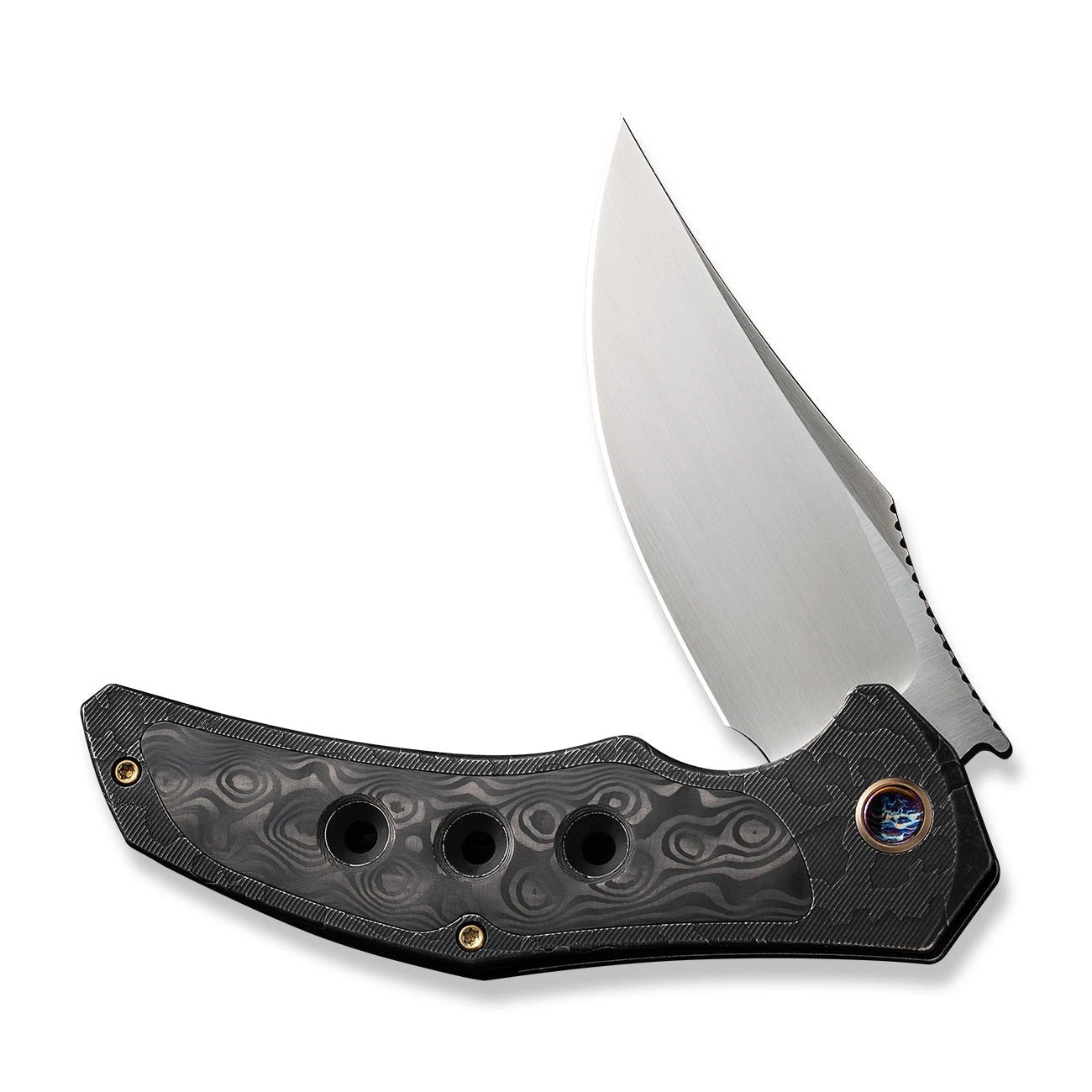 WEKNIFE Magnetron Flipper Knife Black Stonewashed With Etching Pattern Titanium Handle With Rose Carbon Fiber Inlay (3.76" Hand Rubbed Satin CPM 20CV Blade) WE18058-6 7 WEKNIFE Magnetron Flipper Knife Black Stonewashed With Etching Pattern Titanium Handle With Rose Carbon Fiber Inlay (3.76" Hand Rubbed Satin CPM 20CV Blade) WE18058-6 - Image 5