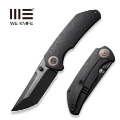 WEKNIFE Thug XL Thumb Stud Knife Black Stonewashed With Etching Pattern Titanium Handle (3.35" Black Stonewashed Bevels, Black Brushed Flats CPM 20CV) WE20028D-3